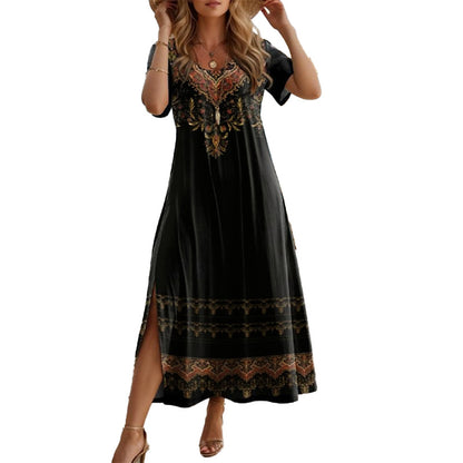 Saia midi floral solta e respirável com fenda assimétrica