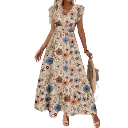 Printed V-neck Flared Sleeve Long Dress