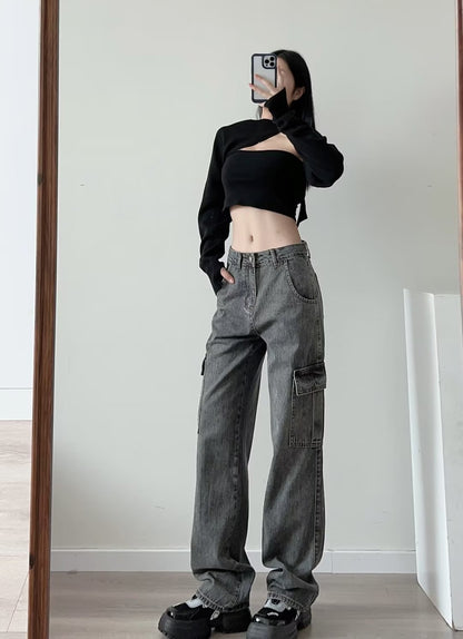 Vaqueros rectos de mujer con bolsillos grandes