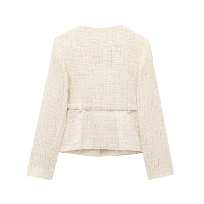 Round Neck Long Sleeve Belt Texture Casual Coat