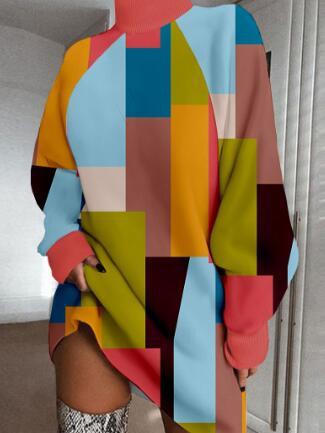 Vestido holgado informal de manga larga con cuello alto y estampado de letras para mujer