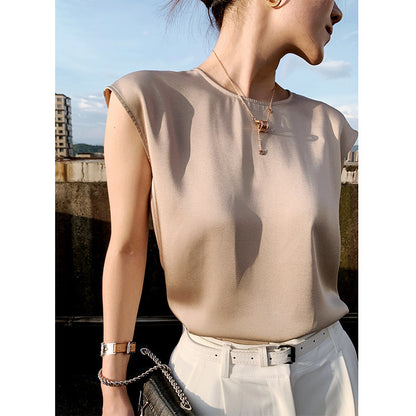 Camisola de verano con cuello redondo, sin mangas y tirantes finos de satén para mujer