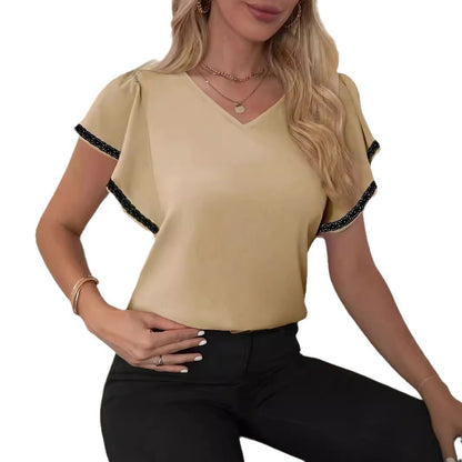 Camiseta de moda para mujer con mangas con volantes, color liso y cuello en V