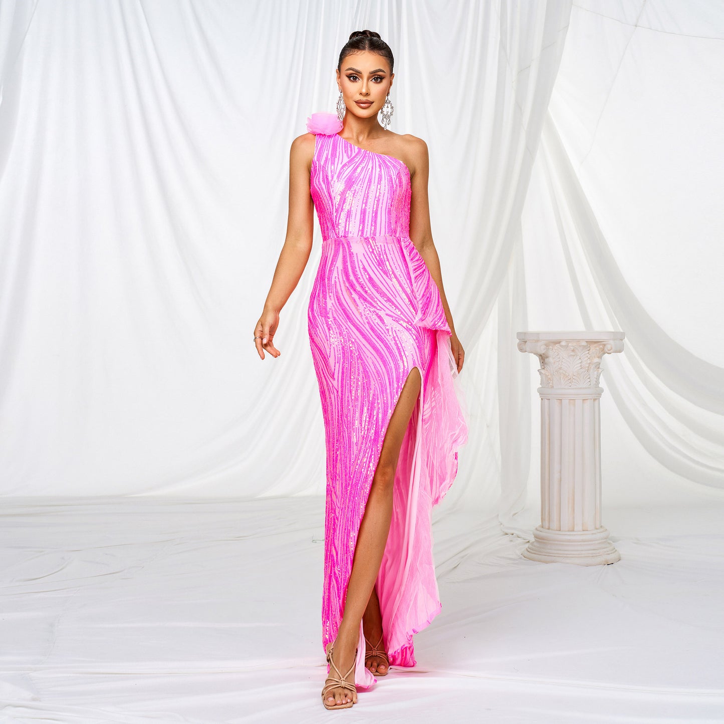 One-shoulder Diagonal Collar Sequined Slit Evening Dress