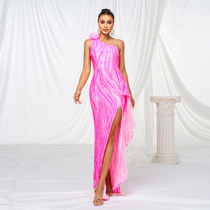 One-shoulder Diagonal Collar Sequined Slit Evening Dress