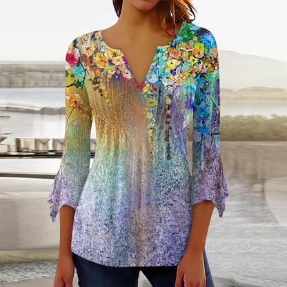 Blusa flare com decote em V e estampa floral