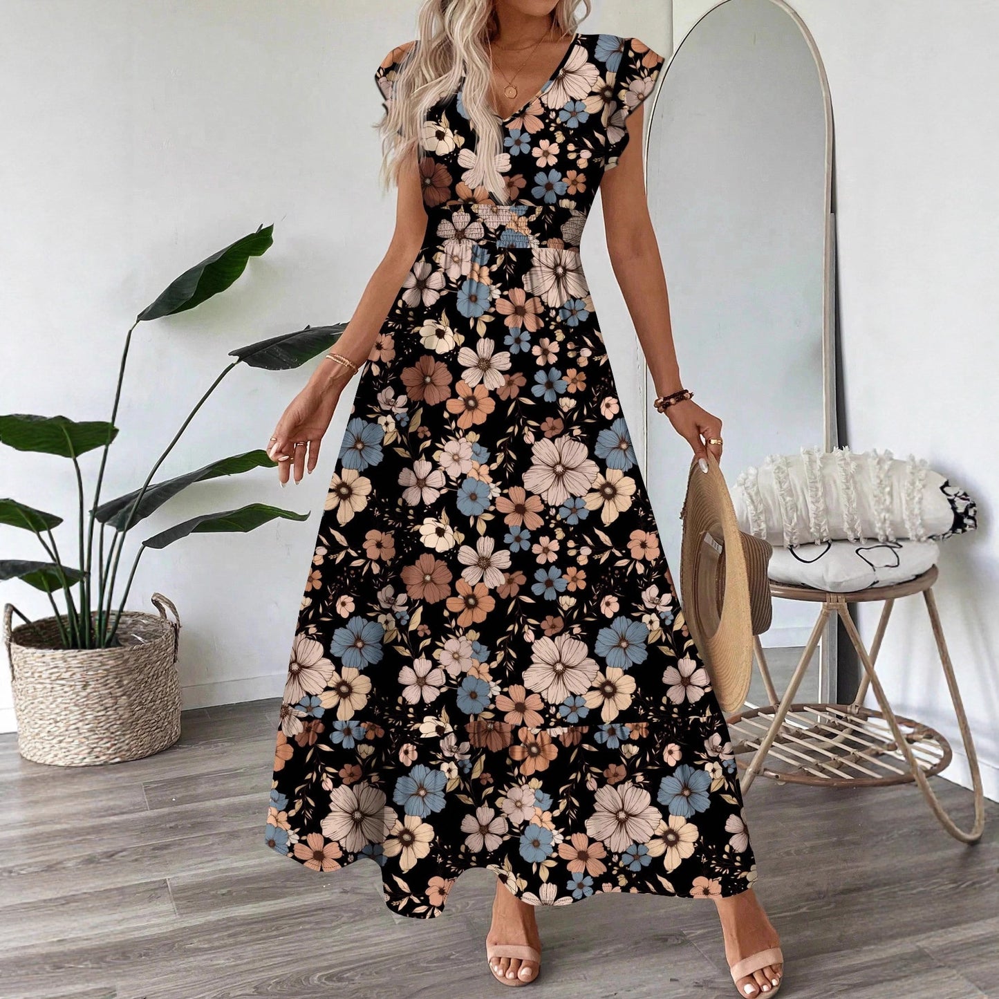 Printed V-neck Flared Sleeve Long Dress