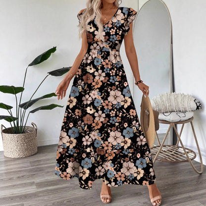 Printed V-neck Flared Sleeve Long Dress