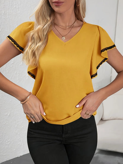 Camiseta de moda para mujer con mangas con volantes, color liso y cuello en V