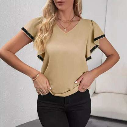 Camiseta de moda para mujer con mangas con volantes, color liso y cuello en V