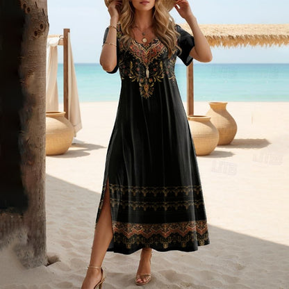 Saia midi floral solta e respirável com fenda assimétrica