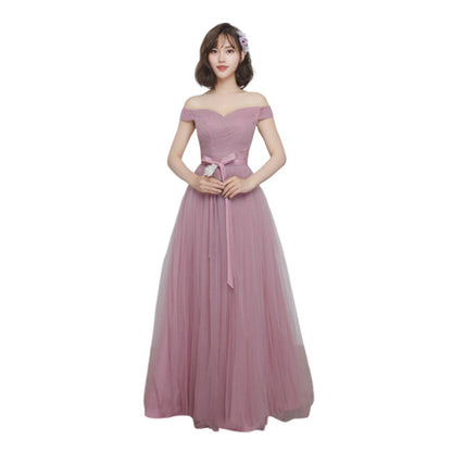 Vestido de dama de honor largo con camafeo marrón de malla, cómodo y fino satén para la cena de la dama de honor.