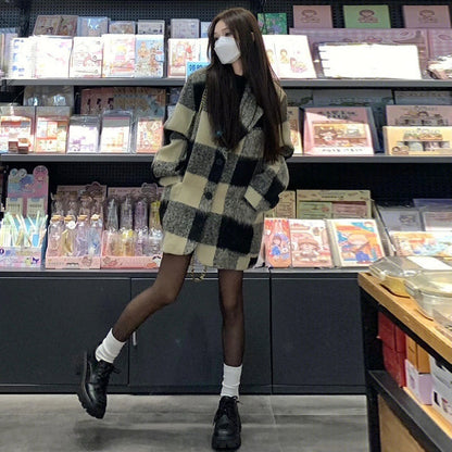 Plaid Suit Wool Coat Women's Retro Thick Loose