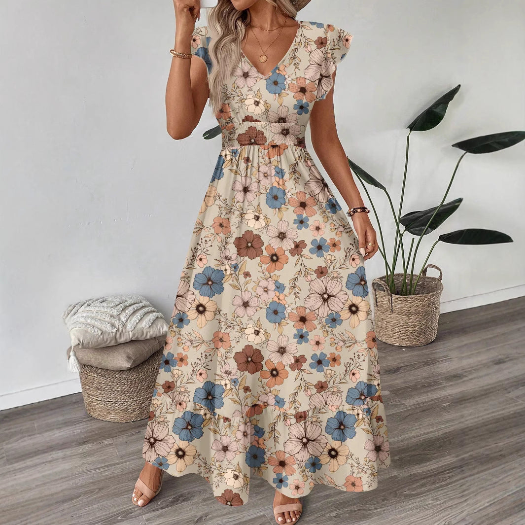 Printed V-neck Flared Sleeve Long Dress