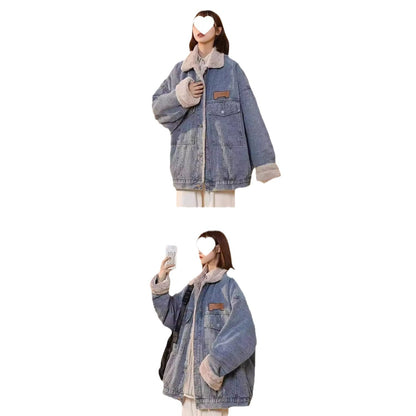 Hong Kong Style Denim Cotton Jacket With Lamb Fur For Women