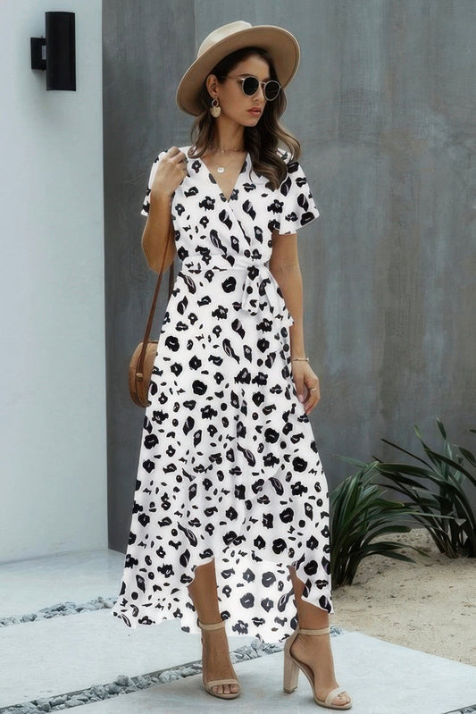 Allover Print High V Neck Low Wrap Dress