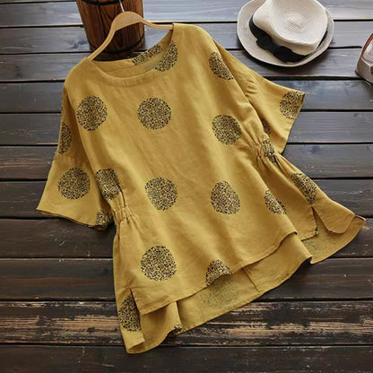 Short Sleeve Circle Printing Mori Style Vintage Cotton And Linen Tops