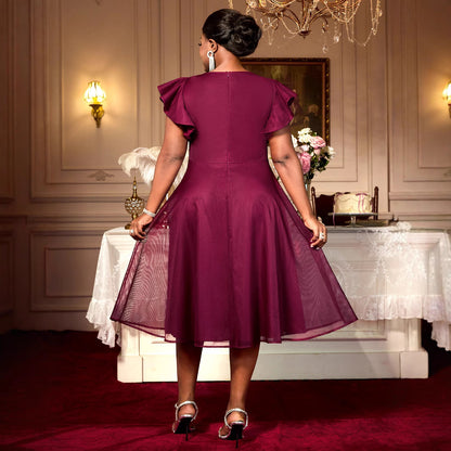 Summer Mesh Butterfly Sleeve Ruffles Party Wedding Guest Elegant Dress