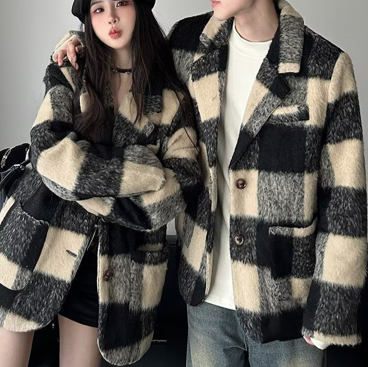 Plaid Suit Wool Coat Women's Retro Thick Loose