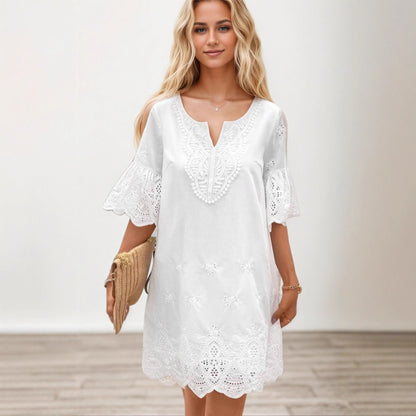 Solid Color Hollow Lace Short Sleeve Dress