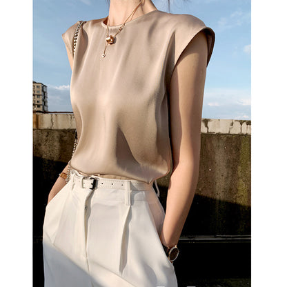 Camisola de verano con cuello redondo, sin mangas y tirantes finos de satén para mujer