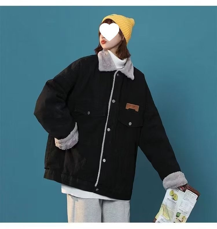 Hong Kong Style Denim Cotton Jacket With Lamb Fur For Women