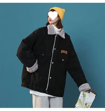 Hong Kong Style Denim Cotton Jacket With Lamb Fur For Women