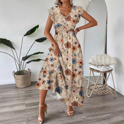 Printed V-neck Flared Sleeve Long Dress