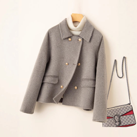 Casaco curto feminino de lã de alta qualidade, dupla face, tamanho pequeno.