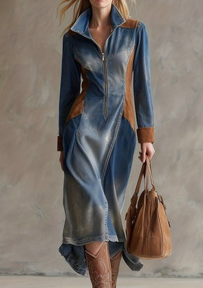 Western Retro Print Lapel Zipper Slim-fit Midi Long Sleeve Dress