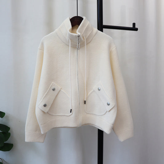 Loose Knitted Wool Coat - Zipper Double-Faced