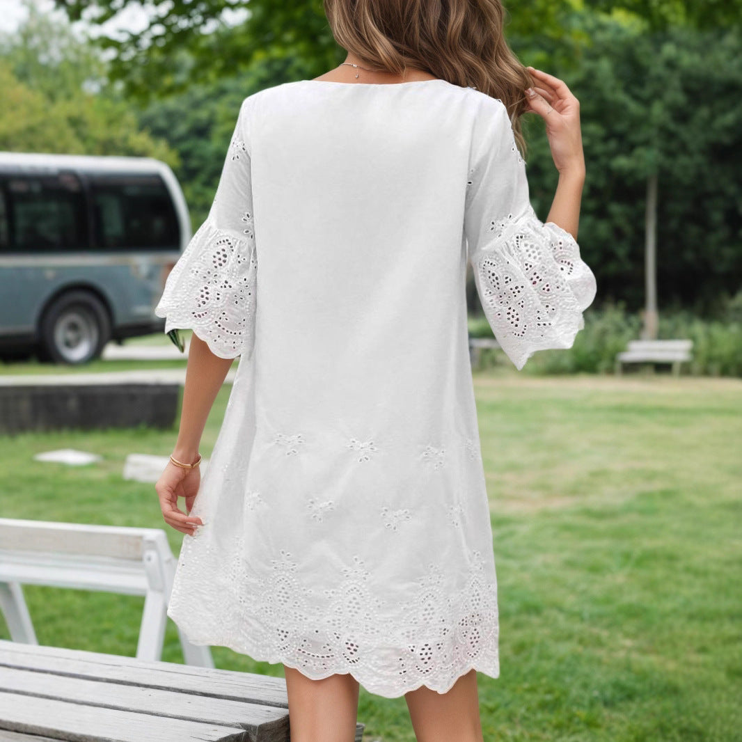 Solid Color Hollow Lace Short Sleeve Dress