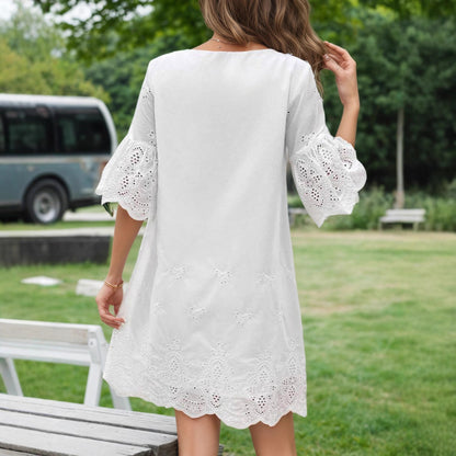 Solid Color Hollow Lace Short Sleeve Dress