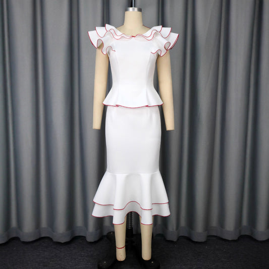 Women's Ruffled Contrast Color Top Temperament Slim Fishtail Skirt Suit