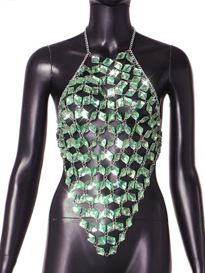Chaleco sin espalda con costuras de gemas acrílicas para mujer