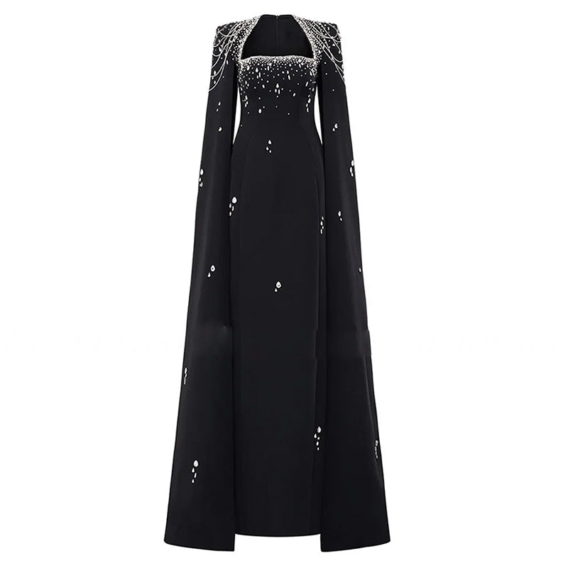 Beaded Lanyard Shawl Sleeve And Floor Long Dress