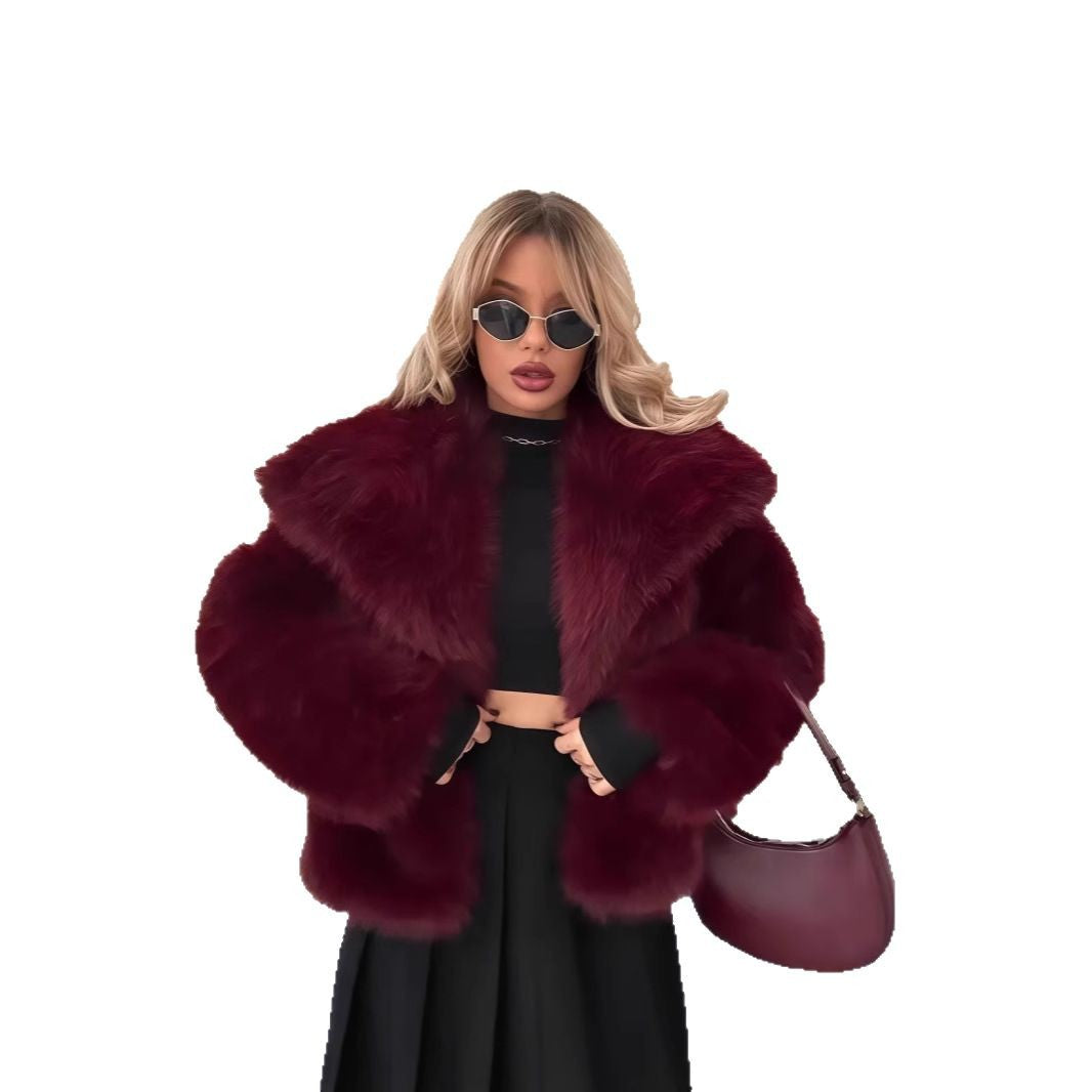 Women's Pure Color Versatile Faux Fur Collar Long Sleeve Coat Plus Size Outerwear