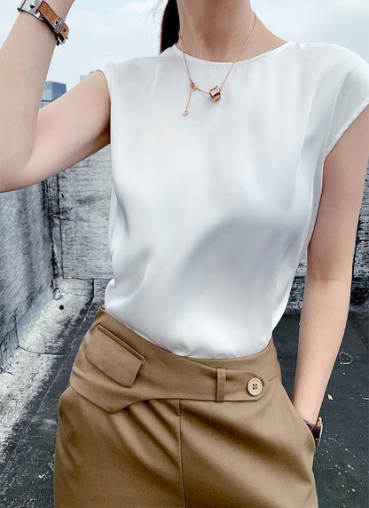 Camisola de verano con cuello redondo, sin mangas y tirantes finos de satén para mujer