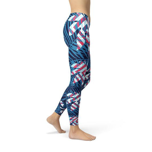 Leggings femininas com estampa de folhas tropicais azuis