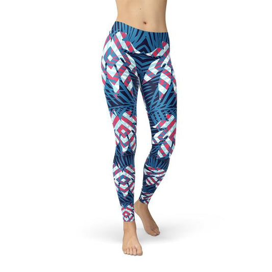 Leggings femininas com estampa de folhas tropicais azuis