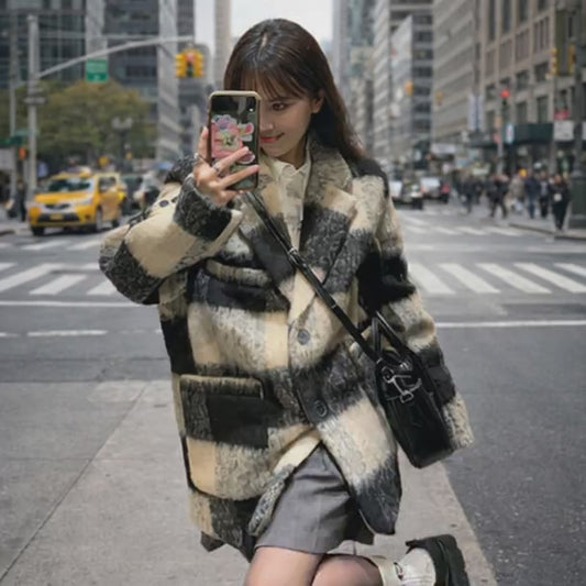 Premium Plaid Wool Coat - Retro Thick Loose Fit